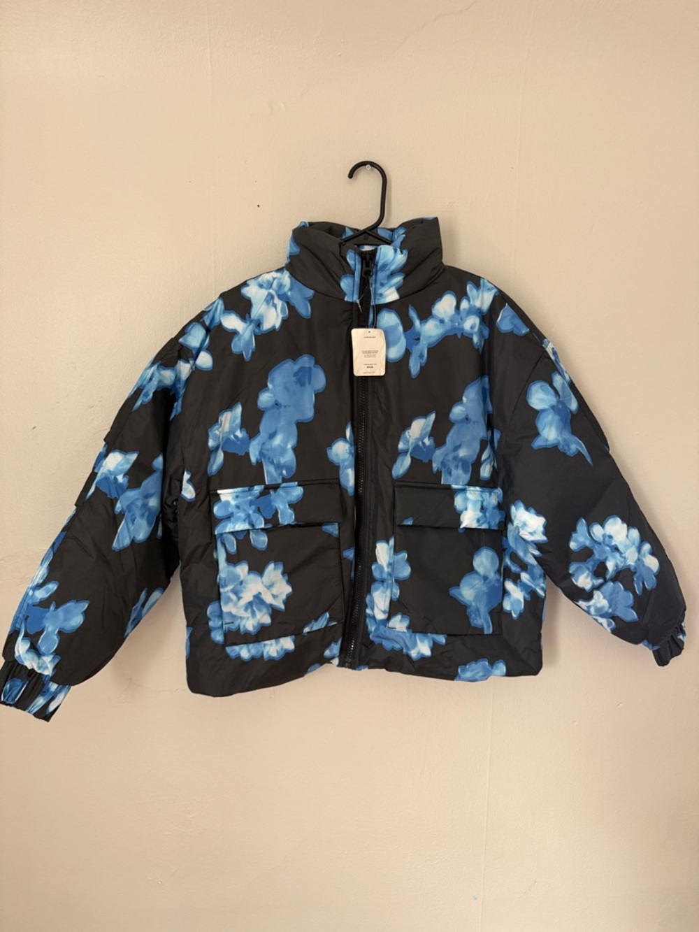 Fabletics Black Puffer Jacket with Blue Floral Print
